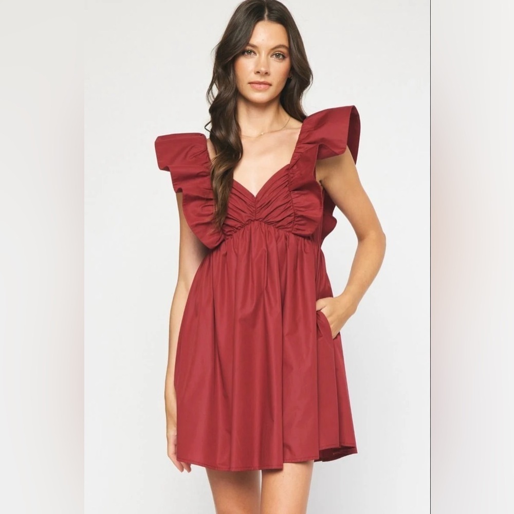 ENTRO NWT Poplin Ruffle Sleeve Baby Doll Mini Dress Maroon Career Size L